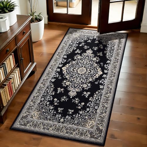 HOMORE Vintage Runner Rug-2x4 Hallway Runner Rug for Entryway Non Slip Washable Bedroom Rug Faux Wool Low Pile Floor Carpet Runner for Kitchen Indoor Front Entrance Laundry Living Room Dorm, Black - color: Black, size: 2' x 4' (Rectangular)