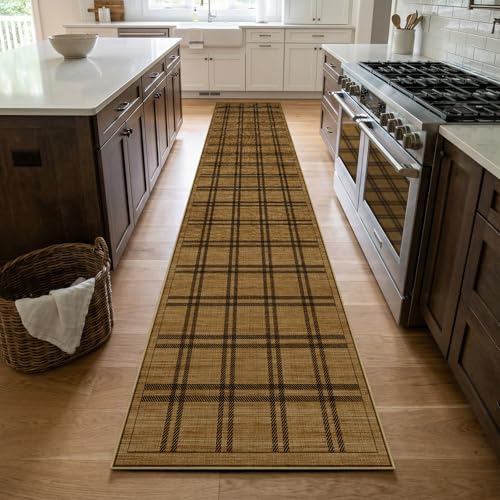 Jute 2x10 Hallway Runner Rug: Washable Non Slip Kitchen Rugs with Rubber Backing Pet-Friendly Carpets Stain Resistant Runners for Laundry Entryway Bedroom Decor Brown Plaid - color: Brown Plaid, size: 2' x 10' (Rectangular)