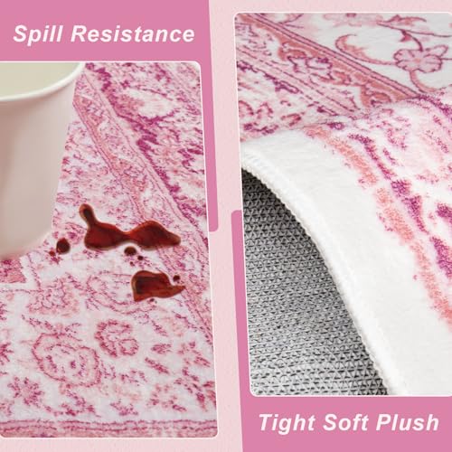 Macgace Bright Pink Area Rug for Girls Bedroom, 3x5 Soft Washable Rugs with Non-Slip Backing for Living Room, Cute Vintage Carpet for Kitchen Laundry Kids Room Decor - color: Pink & White, size: 3' x 5' (Rectangular)