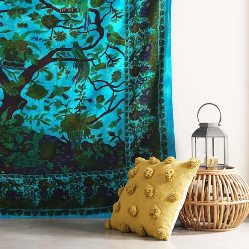 Popular Handicrafts Tapestry Wall Hanging Tree of Life Hippie Mandala Bohemian Hippy Kaleidoscopic Intricate Floral Design Indian Tapestries Bedspread 84x90 Inches,(215cm x 230cm) Turquoise - color: Turquoise, size: 90"L x 84"W
