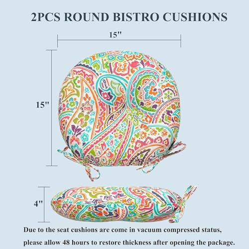 FUNHOME Outdoor Round Bistro Seat Cushions with Ties, Fluffy Tufted Patio Chair Pads 15"x15"x4", Set of 2 Water-Resistant Round Chair Cushions for Home Garden Melora Paisley - color: Colorful Paisley