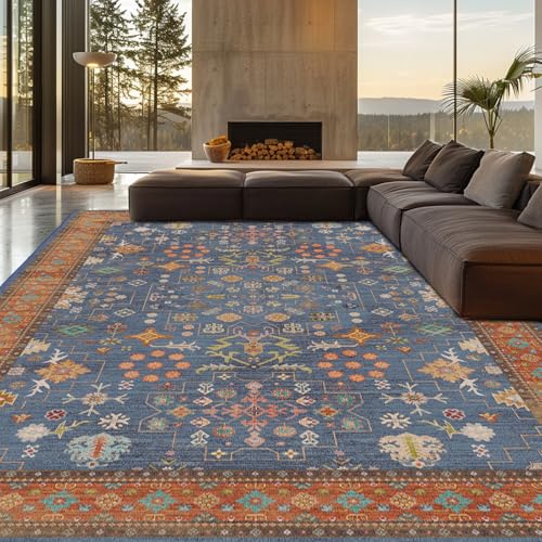 8x10 Washable Area Rugs for Living Room, Non-Slip Stain Resistant Soft Vintage Extra Large Area Rug, Low Pile Indoor Boho Rug for Bedroom Dining Room Farmhouse (Indigo Terracotta) - color: Indigo Terracotta, size: 8' x 10' (Rectangular)