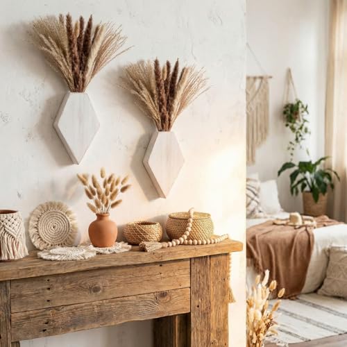 2 Pcs Bohemian Wooden Wall Planter Set with Pampas Grass Modern Farmhouse Wall Decor for Living Room, Bathroom, Bedroom, Office(White Distressed,Regular Style) - color: White Distressed, style: Regular Style