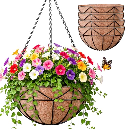 Halatool 4 Pack 12 Inch Hanging Baskets for Plants Outdoor- Small Hanging Garden Planters with Coco Liner for Outside, Empty Metal Wire Flower Holder Hanger Pot for Wall Patio Porch Balcony Decoration - color: 12in