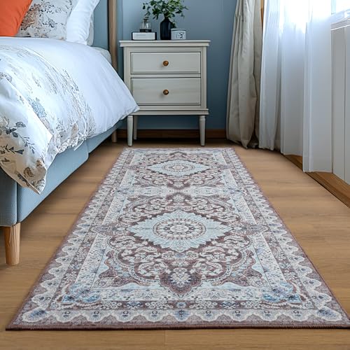 Foxmas Hallway Runner Rug, 2x6 Vintage Kitchen Runner Area Rugs Non Skid Washable, Low Pile Throw Rugs with Rubber Backing Carpet for Laundry Room Entryway Bedroom Home Decor, Brown - color: Brown/Blue, size: 2' X 6' (Runner)