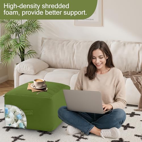 MeMoreCool Square Stuffed Pouf Ottoman Foot Rest, Floor Pouf Foot Stool with Foam Chunk Filling, Soft Stuffed Ottoman Footrest for Living Room, Green - color: Striped Green