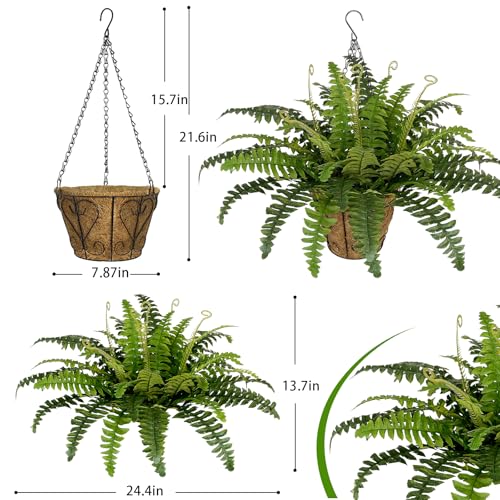 2 Set Artificial Hanging Ferns for Outdoors with Hanging Baskets, UV Resistant Artificial Outdoor Plants, Faux Ferns Outdoor Hanging Basket for Front Porch Garden