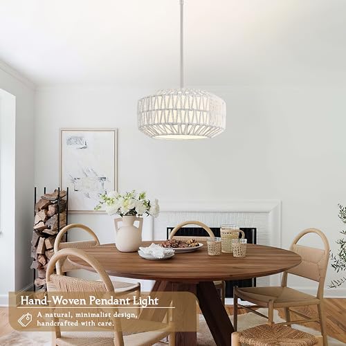 12.6 inch White Rattan Light Fixture Woven Pendant Lights Rustic Light Fixtures Fabric Shade Boho Chandelier for Dinning Room Kitchen (Bulb Incl.) - color: 12.6"-White-Prism