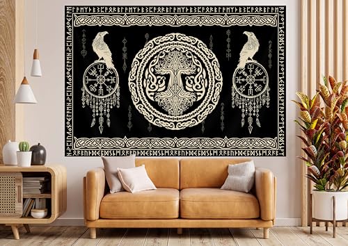 Hajmsug Vikings Tapestry,Black and White Tree Bird of Wisdom Celtic Rune Ancient Rune Totem Norse Mythology Medieval Viking Wall Art,Aesthetic Mythology Tapestry for Bedroom Living Room,80X60 Inch. - color: Black, size: 60"L x 80"W
