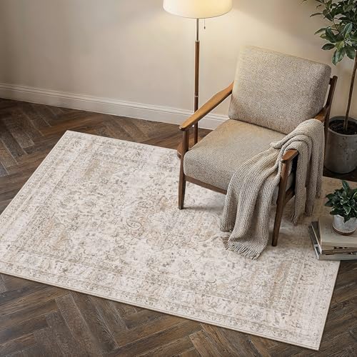 3x5 Washable Area Rug Beige Vintage Non Slip Soft Low Pile Rug for Entryway Kitchen Bathroom Distressed Oriental Throw Carpet for Living Room Bedroom Home Decor - color: Light Beige, size: 3' x 5' (Rectangular)