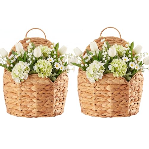 2 PC Door Basket Scalloped Hanging Storage Basket,Water Hyacinth Woven Wall Baskets for Front Door Decor, Hangable Storage Organize for Flowers,Planter,Mails,Wicker Baskets for Organizing -Braided & L - size: Braided L*2