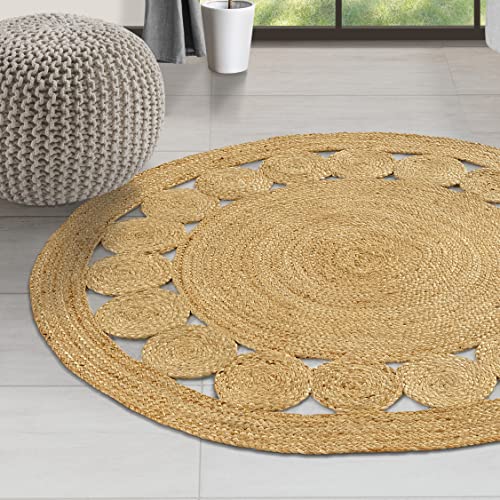 GRUHUM Round Jute Area Rug 5ft Natural Fiber Handmade Boho Charm Farmhouse Soft Braided Reversible Rustic Vintage Rugs for Indoor Ecofriendly Kitchen Bedroom Living Room Hallways Enterways(5'ft Round) - color: Natural- 28, size: 5' (Round)