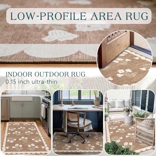 3x5 Floral Entry Rug - Small Washable Indoor Outdoor Mats for Front Door Non-Slip Porch Rug Tan Boho Neutral Farmhouse Throw Rugs for Living Room Bedroom Entryway Kitchen Office Porch Decor - color: Flower - Brown, size: 3' x 5' (Rectangular)