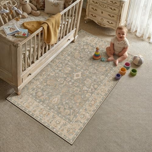 HUGEAR 3x5 Washable Vintage Entryway Area Rug Brown Neutral Distressed Low Pile Non Slip Soft Small Carpet Indoor Door Mat Throw Rug for Entrance Kitchen Bathroom Laundry Room - color: Brown, size: 3' x 5' (Rectangular)