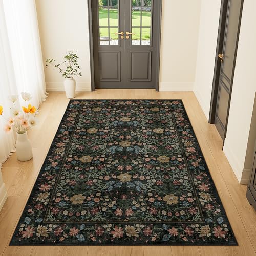 DUKINO 3x5 Area Rug, Vintage Floral Washable Rug for Bedroom with Non Slip Design, Soft Low Pile Indoor Small Carpet for Bedroom, Farmhouse, Living Room, Office, Bathroom, Black - color: Black, size: 3' x 5' (Rectangular)