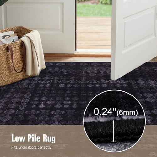 Washable Area Rug 8x10, Large Boho Living Room Rug, Thin Vintage Rugs for Bedroom,Non-Slip Rubber Backing Retro Floral Carpet Print Distressed Accent Rugs for Dining Room Home Office-Dark Black,8'x10' - color: Dark Black, size: 8' x 10' (Rectangular)