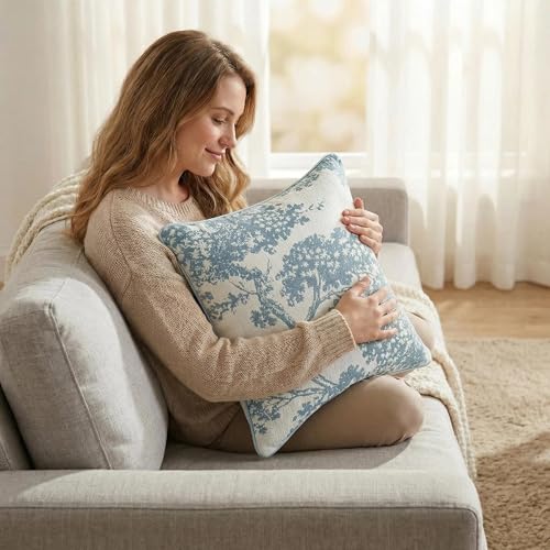 Mantle & Mason Floral 18x18 Throw Pillow Covers Set of 2, French Vintage Woven Jacquard Decorative Accent Pillow Cases for Couch, 430GSM Thick Chenille & Luxury Velvet, Blue - color: Tree Pattern Blue, size: 18" x 18" (Pack of 2)