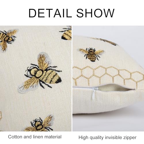 Honeycomb Throw Pillow Cover 12x 20, Gold Embroidered Bumble Lumbar Linen Pillow Cushion Case, Bee Farmhouse Home Decor for Outdoor Couch Bedroom Car - color: Gold
