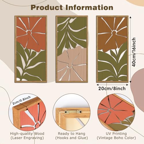 KAIRNE Boho Wooden Wall Art,Bohemian Wood Wall Decor Set of 3(16”X8”),Abstract Minimalist Hanging Decor,Vintage Farmhouse Bohemian Artwork for Living Room Bedroom Kitchen Office Decoration,Framed - color: Bohemian, size: 8"L x 16"W