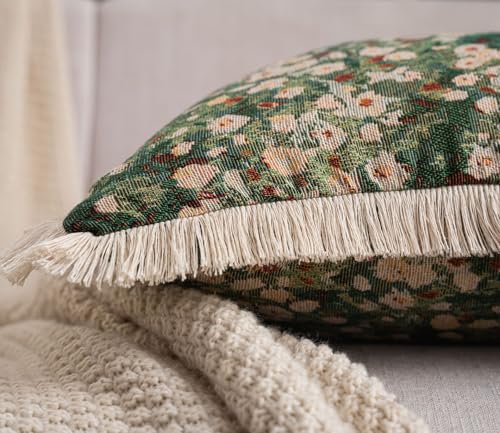 Vintage Floral Throw Pillow Cover with Fringe Trim 18x18, Cotton Cross Stitch Fabric, Abstract Oil Painting Style, Decorative Accent Cushion Cover