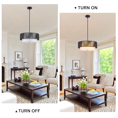 18'' Farmhouse Rattan Chandeliers for Dining Room,3-Light Boho Light Fixtures Rattan Pendant Light Fixture with Fabric Shade Drum Chandeliers for Bedroom Dining Room Foyer Kitchen Hallway（Black） - color: Black, size: 18 inch Drum