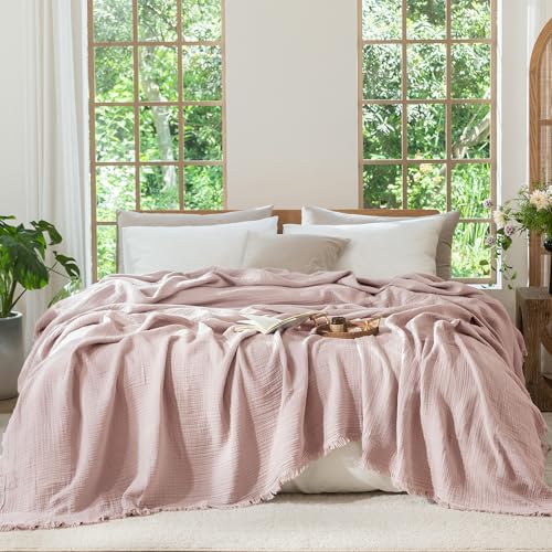 MooMee Muslin Blanket - 100% Cotton 4-Layer Gauze Throw Blanket with All-Around Fringe, Soft Breathable Lightweight Cooling Summer Blankets for Bed Couch(Greyish Pink,Oversize Queen 98" x 98") - color: Greyish Pink, size: Oversize Queen
