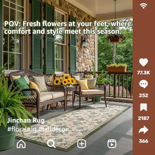 jinchan Elora 2x5 Floral Runner Rug for Hallway Washable Kitchen Runner Vintage Romance Design Non Slip Thin Indoor Floor Cover Low-Profile Throw Carpet for Entryway Bedroom Porch, Green/Beige - color: Bloom Green/Beige, size: 2' x 5' (Light Weight)