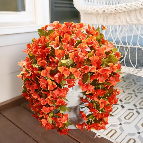 Bougainvillea Artificial Flowers Plants for Outdoors Outside Fall Autumn Decor, 2 pcs Faux Silk Long Trailing Vines UV Resistant Look Real Orange Fake Flowers for Front Door Porch Planter Urn Patio - color: Fall Orange