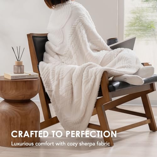 EverGrace Cable Jacquard Sherpa Fleece Throw Blanket for Couch, Super Soft Cozy Fuzzy Plush Blankets for All Seasons, Reversible Thick Warm Blanket for Bed, Sofa, Living Room, Ivory White, 50" x 60" - color: Ivory White, size: 50x60 Inches