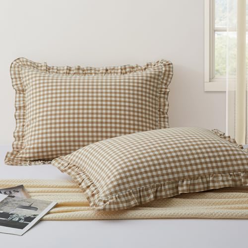 KKJIAF 2 Pcs Plaid Ruffle Pillow Case Standard Size, Ruffled Gingham Cotton Pillowcases 20x26 Inch, Linen Feel Plaid Bed Pillow Shams with Envelope Closure for Bed Sofa (Taupe) - color: Taupe/White Plaid, size: 26" x 20" (Pack of 2)