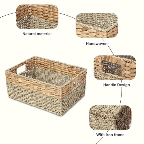 YAHUAN Natural Water Hyacinth & Seagrass Woven Storage Baskets – Wicker Storage Basket Organizer Bins with Handles for Home & Office Pantry Shelf (Large) - color: Large