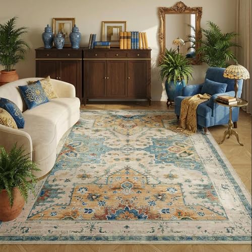 5x7 Area Rugs for Living Room, Machine Washable Boho Area Rug, Low Pile Non Slip Vintage Rugs, Stain Resistant Carpet for Bedroom Dinning Room Nursery Farmhouse Office Home-Blue/Gold/Beige - color: Blue/Gold/Beige, size: 5' x 7' (Rectangular)
