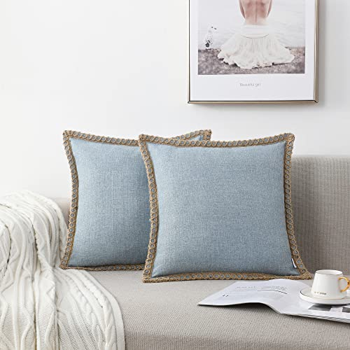 NordECO HOME Set of 2 Farmhouse Throw Pillow Covers - Burlap Linen Trimmed Tailored Edges Decorative Cushion Covers for Bed Home Decoration, 20 x 20, Denim Blue - color: Light Blue, size: 20" x 20" (Pack of 2)