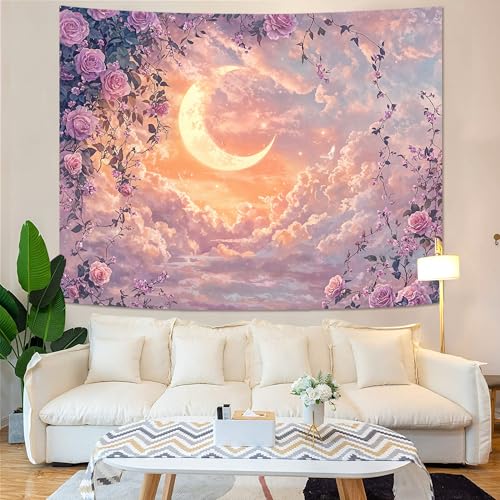 Wegklazax Pastel Rose and Moon Tapestry, Romantic Cloudscape Wall Art for Room Decor, Dreamy Floral Aesthetic Home Decor 80" L x 60" W - color: Purple Yellow, size: 80"L x 60"W