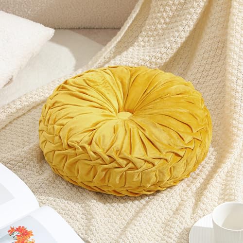 Drydiet 1 Pcs Round Throw Velvet Pillows Decorative Pleated Throw Pillows Diameter Accent Pumpkin Boho Chair Cushion for Couch Sofa Home Decoration (Golden Mustard,15'') - color: Golden Mustard, size: 15''