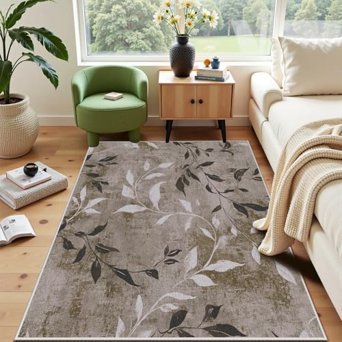 Vintage Distressed Rug for Bedroom, Boho Plant Leaf Rugs, 5x7 Area Rugs, Contemporary Area Rug for Living Room, Dining Table, Office, Non Slip Washable Carpet, Neutral Farmhouse House Decor - color: Gray3, size: 5x7 ft