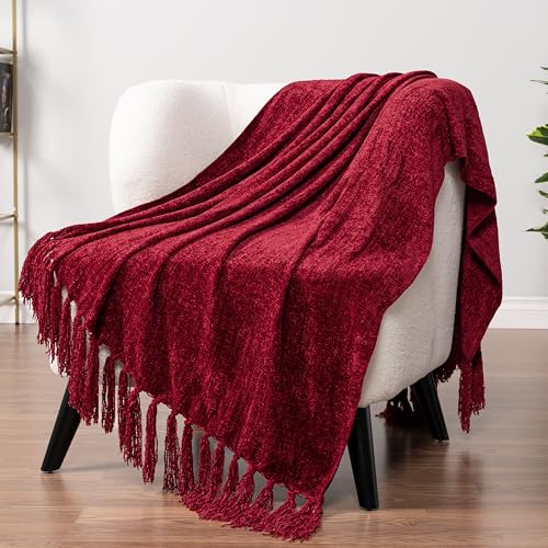 PAVILIA Burgundy Red Chenille Throw Blanket for Couch Sofa, Soft Maroon Red Knit Throw with Tassel, Decorative Blanket for Bed Chair Living Room, Wine Red 50x60 - color: Red, size: 50 X 60 Inches - Throw