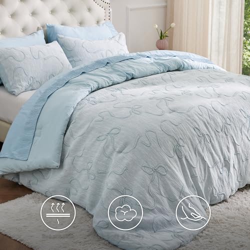 Bedsure Dusty Blue King Size Comforter Set, GentleSoft™ 3 Pieces Breathable Bow Comforter Set Women with 2 Pillow Shams, Cute King Bedding Set Room Decor Aesthetic Bedroom Decor, 104x90 Inches - color: 01 - Bow Dusty Blue, size: King (104" x 90")