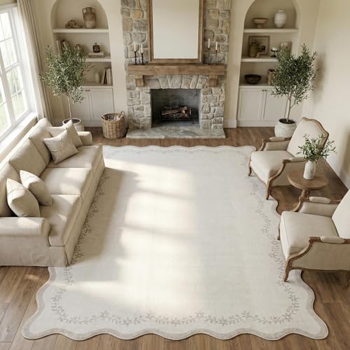 GarveeHome 4x6 Neutral Beige Scalloped Washable Area Rug for Girls Bedroom, Solid Floral Soft Nursery Rug Non Slip Low Pile Small Carpet Stain Resistant Throw Rug for Dorm Kids Room Office Dining Room - color: Beige, size: 4' x 6' (Rectangular)