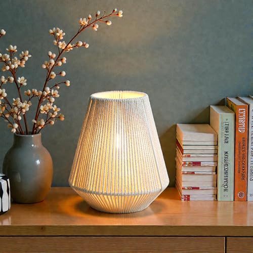 JHY DESIGN Woven Lampshade Table Lamp 8"H Cotton Rope Bedside Lamp Cordless Small Battery Operated Lamp Decorative Bedside Lamp with 6 Hours Timer for Bedroom Living Room Weddings Parties Patio Events - color: 8"H Off-white