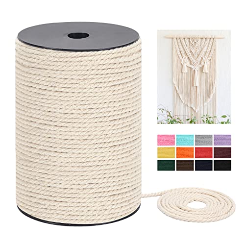 Macrame Cord 4mm x 165Yards (495Feet), Natural Cotton Macrame Rope - 3 Strands Twisted Macrame Cotton Cord for Wall Hanging, Plant Hangers, Crafts, Gift Wrapping and Wedding Decorations - color: Natural Color, size: 0.16 in x 165 yd