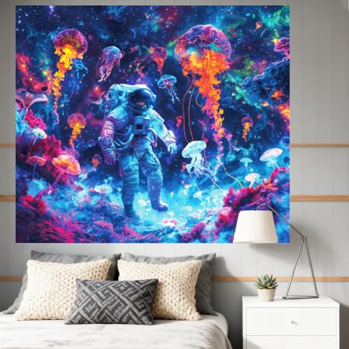 CRAFTYMELODY Astronaut Blacklight Tapestry Glow in the Dark Tapestry UV Reactive Colorful Jellyfish Wall Hanging 59×51 Inch with Hook Self Adhesive Sticker Clip for Bedroom Home Wall Decoration - color: Jellyfish Astronaut