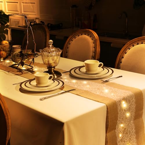 Xinnun 6 Pack Burlap Table Runner with Warm LED Lights,Rustic Lace Wedding Table Decor,Boho Farmhouse Jute Runner for Reception Bridal Shower Party(Modern,12x70 Inches) - size: 12x70 Inches, style: Classic
