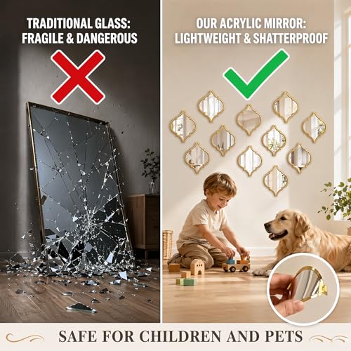 12Pcs Acrylic Mirrors for Wall Decor - Moroccan Diamond Shaped Wall Stickers,DIY Self-Adhesive Decorative Mirror Tiles for Living Room, Bedroom, Office, and Wedding Party Decor - color: Gold