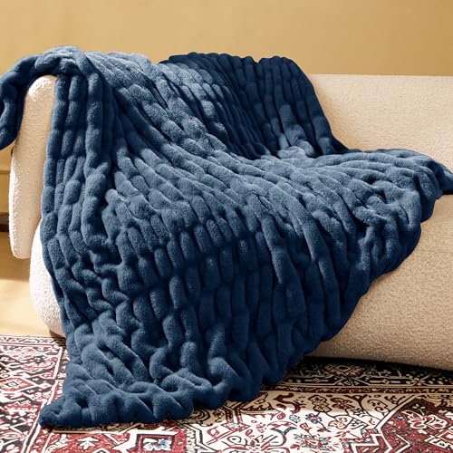 Faux Rabbit Fur Throw Blanket, Soft Plush Cozy Blanket for Couch Bed, Thick Fluffy Ruched Decorative Blanket, Giftable,50"x60",Blue - color: Blue, size: Throw(50"x60")