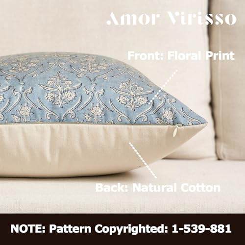 Amor Virisso Floral Pillow Covers 20x20 Inch Farmhouse Block Print Pillow Cover Accent Square Neutral Modern Decorative Throw Pillow Covers for Living Room Couch Bed Sofa Chair, Light Blue - color: Light Blue, size: 20" x 20" (Pack of 1)