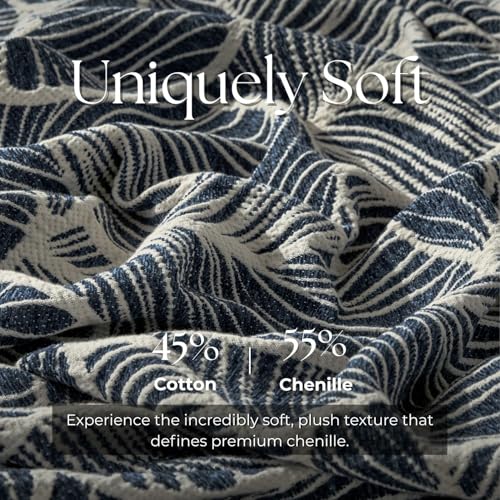 DOWN HOME Chenille Cotton Throw Blanket for Couch, Lightweight Boho Blanket for Bed Sofa Chair Living Room Outdoor Soft Woven Decorative Blanket with Tassel Gift Navy Leaves 50"x70" - color: Navy, size: 50"x70"