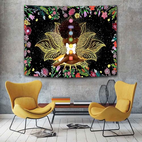 Ine Ive African Chakra Tapestry African American Woman Zen Meditation Tapestries 40x30 Inch Starry Sky Flower Garden Inspirational Afro Yoga Wall Art for Bedroom Dorm Decor - size: 40"L x 30"W