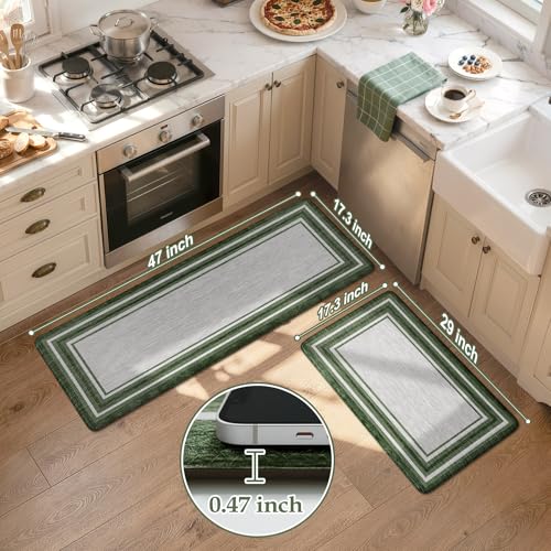 KIMODE Kitchen Mats Cushioned Anti Fatigue, Farmhouse Kitchen Rugs Sets of 2, Non Slip Kitchen Mats for Floor, Comfort Dark Green Kitchen Floor Mats for Home Decor Sink Laundry Desk 17"x47"+17"x29" - color: Dark Green, size: 17.3" x 47 "+ 17.3" x 29 "--0.