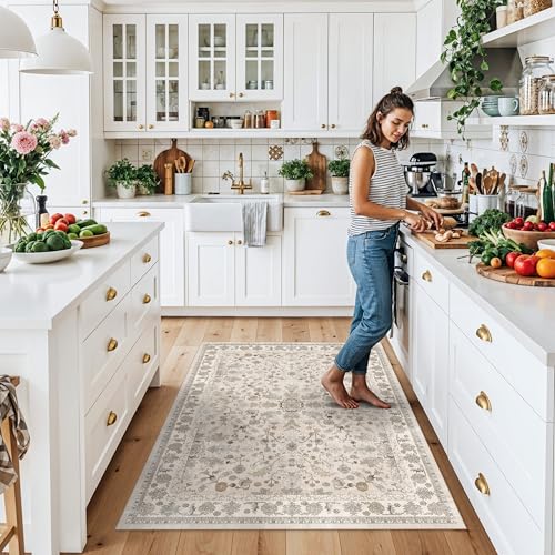 4x5 Washable Kitchen Entryway Rug – Non-Slip Soft Low Pile Indoor Carpet for Bathroom Living Room Bedroom – Boho Floral Small Throw Area Rug (Beige,4x5) - color: Beige, size: 4' x 5' (Rectangular)
